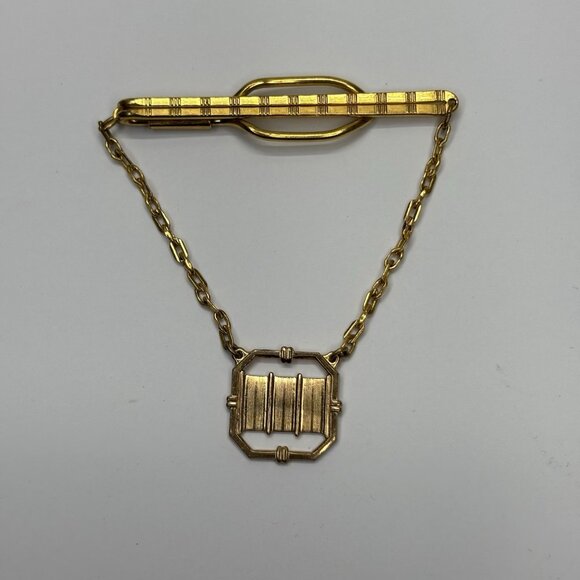 Vintage Swank Tie Clip Bar & Limp Chain Gold Antique USA Made - Picture 1 of 6
